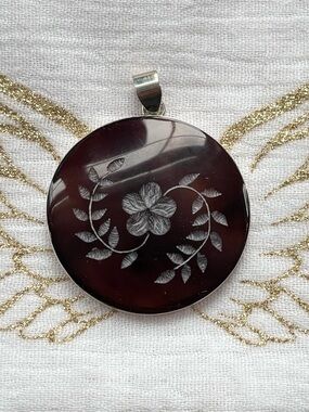 Round Dark Purple Carved Shell Floral Pendant Necklace - Sterling Silver